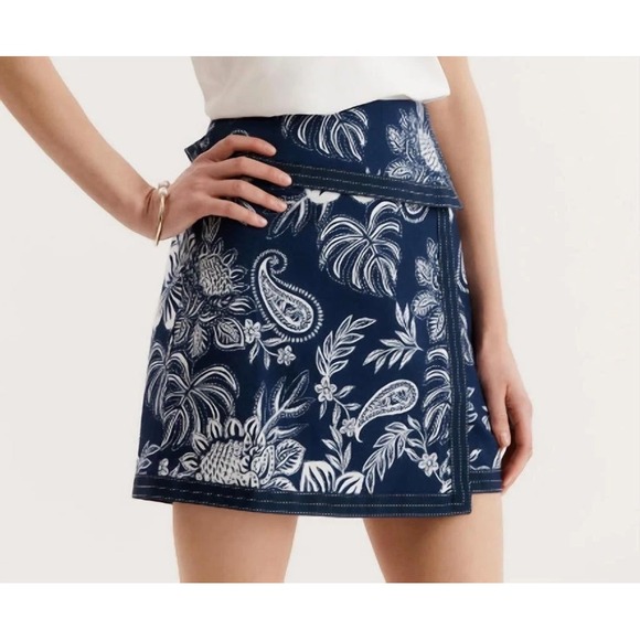 Tyler Böe Navy & White Tropical Paisley Wrap Mini Skirt Grosgrain Trim - Size 2